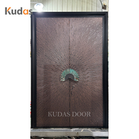 Porte d'entrée de sécurité double en aluminium moulé, style Art Déco de luxe, avec poignée sculptée en 3D en forme de paon, pour villa, maison, hôtel