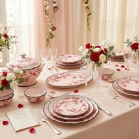 Maßgefertigtes Vintage Rotes Blumenmuster Keramik-Tellerset 6,5/8/10,5/12 Zoll Toile De Jouy Porzellan-Geschirr Hochzeit Hotel Tischdekoration