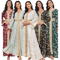 Abaya Kaftan plissée à col en V, manches longues, boutonnée sur le devant, avec ceinture, en feuille d'or, vêtements islamiques grande taille, platine, vente en gros, sur mesure
