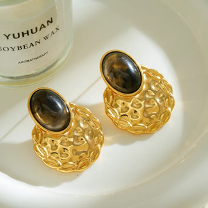 Boucles d'oreilles clous ovales en résine martelée, plaquées or 18 carats, en acier inoxydable 304, électroplaquées sous vide, style décontracté et simple pour femmes - Product Image 6