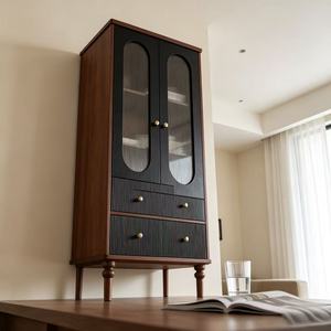 Mid Century Modern Wood Living Room Cabinet With Glass Doors And 2 <b>Drawers</b> <b>Storage</b> Unit <b>For</b> Home Furniture - Product Image 6