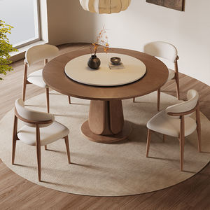 Table à manger ronde en bois massif avec chaises à dossier en rotin, design minimaliste pour petits espaces, ensemble de salle à manger moderne - Product Image 5