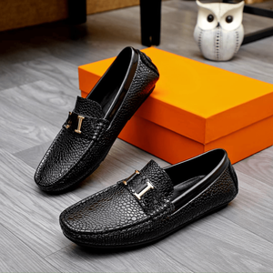 Mocasines de cuero negro repujado para hombre con hebilla metálica, zapatos casuales sin cordones para conducir, hermessing - Product Image 3