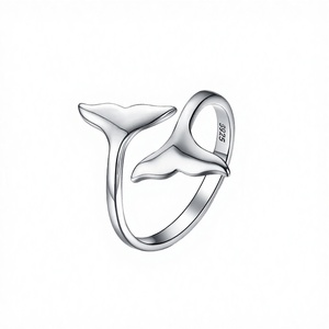 925 Sterling <b>Silver</b> Rhodium Plated Whale Tail <b>Adjustable</b> Fish Tail Opening <b>Ring</b> for Wedding and Animal Lovers - Product Image 2