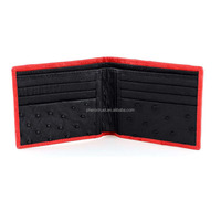 Dompet Lipat Dua Warna Kulit Asli Motif Burung Unta untuk Pria, Dompet Pendek Mewah Bertekstur Eksotis Kontras dengan Banyak Slot Kartu