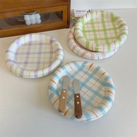 Klobiger Keramik-Dessertteller im Pastell-Karo-Design, Hochwertig für Nachmittagstee, Kuchen, Snacks, Zuhause