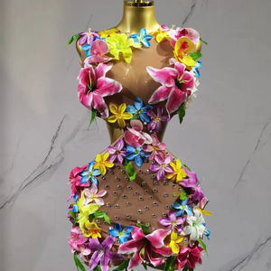 フラワーホローメッシュパフォーマンスドレス女性用ロングボールルームパーティーダンスコスチュームフィットネスショーケースレディースフィットネスウェア - Product Image 1