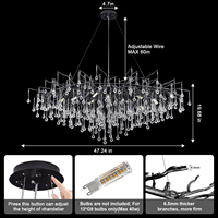 Lustre en cristal noir en forme de goutte de pluie, style nordique de luxe, branche d'arbre, pour hôtel, salon, chambre à coucher, décoration intérieure
