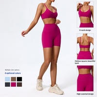 Ensemble soutien-gorge et short cycliste pour femme, bleu ciel, avec logo ODM/OEM, bretelles spaghetti, vente en gros de vêtements de sport