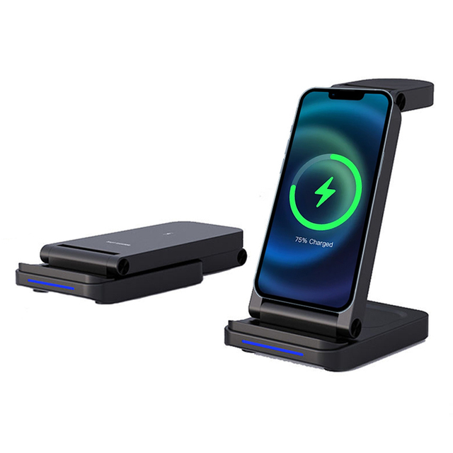 Latest Design 15W Magnetic Wireless Charging Holder 3-in-1 QC3.0 Type-C ABS Silicone Fast Charger Stand OTP Protection 80% Black