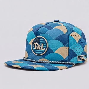Casquette de golf Snapback à visière plate, motif écailles de poisson, bleu beige, avec patch PVC imperméable, cordon, 5 panneaux, perforations laser, respirante, pour hommes et femmes - Product Image 1