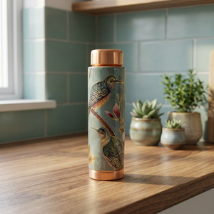 Botella de Agua de Cobre Puro con Estampado de Esmalte Chinoiserie Premium, Diseño Floral de Aves de Lujo, a Prueba de Fugas, para la Salud Ayurvédica, Oficina y Hogar - Product Image 1