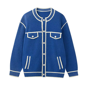 Cárdigan de punto estilo universitario personalizado para <span class=keywords><strong>hombre</strong></span>, con ribete en contraste azul, estilo retro preppy, chaqueta de punto con <span class=keywords><strong>botones</strong></span>, suéteres para <span class=keywords><strong>hombre</strong></span>, venta al por mayor OEM - Product Image 4
