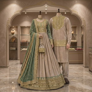 Elegant Green and Beige Cotton Satin Sheath Gown with Hand Embroidery Full Sleeve Maxi Length Wrinkle-Free <b>Evening</b> <b>Dress</b> - Product Image 3
