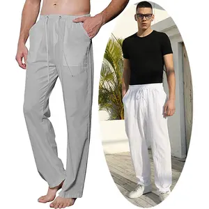 Erkek keten rahat pantolon gevşek Fit plaj kıyafeti boy hafif pantolon 5XL İpli hippi Joggers Yoga pantolon
