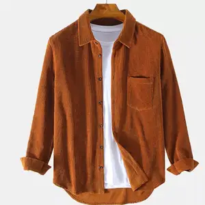 Custom 2022 new turn down collar blouse brown fashion mens corduroy long sleeve solid color shirt with pocket