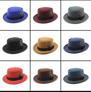 Sombreros de bombín Fedora para hombre de color sólido con lazo de cinta de plumas Boater Hati de Iglesia formal barato para fiestas - Product Image 6