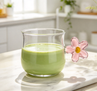 Mug en verre borosilicate soufflé à la main, tasse à café transparente avec poignée fleur rose, résistant à la chaleur, pour thé, lait et autres boissons