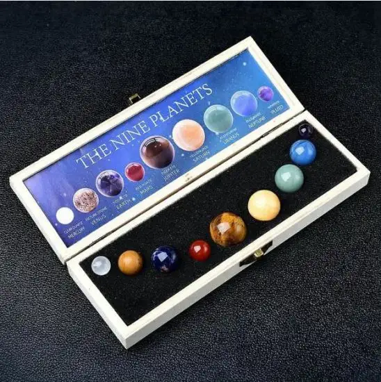 Sistema Solar de nueve planetas, Bola de piedra natural de cristal, juego de piedra de Chakra curativo, caja de madera, escritorio creativo, decoraciones para el hogar