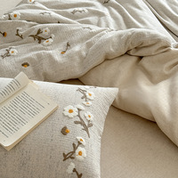 Ensemble de couette en coton et lin biologique, écologique, style pastoral vintage, en gaze double couche avec broderie en tissu éponge
