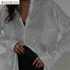 TONGYANG <strong>Sequin</strong> Turndown Collar Women's Oversize Shirt Casual Sparkle Glitter Loose <strong>Long</strong> <strong>Sleeve</strong> 2024 Spring <strong>Silver</strong> Vintage Shirt - Product Image 2