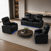 Ensemble de canapés, canapé deux places, canapé moderne en cuir véritable, fauteuil inclinable électrique en bois, canapé extensible électrique à gravité zéro, 7 couleurs LED, salon