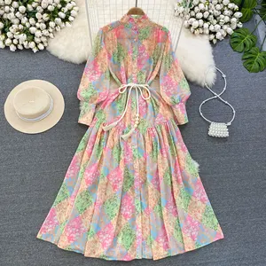 Оптовая продажа, 2023 летнее однобортное платье трапециевидной линии с длинным рукавом и воротником-стойкой и принтом, элегантное женское платье