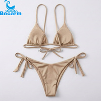 Dames effen driehoekige bikiniset, verstelbare tweedelige bikini met V-hals en strik, minimalistisch stringbadpak, strandbikini