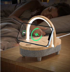 Cargador Inalámbrico Rápido de 15W con Altavoz, Luz LED Nocturna, Soporte para Teléfono, Lámpara de Escritorio 3 en 1, Cargador Inalámbrico de Madera - Product Image 1