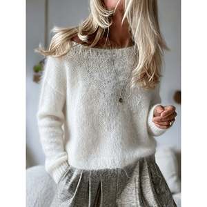 Women's Lemon Yellow Drop Shoulder Crew Neck Cotton Knit <b>Pullover</b> <b>Sweater</b> with Front Logo for Autumn Winter - Product Image 1