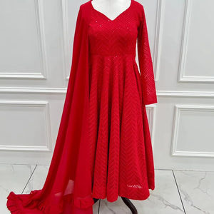 Tela Anarkali Roja de la Mejor Calidad, Georgette Fox Pura y Suave, con Bordado de Lentejuelas Lukhnawi, Precio al por Mayor - Product Image 1