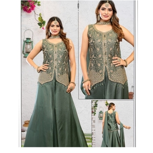 Elegant Green Embroidered Lehenga Choli Set with <b>Jacket</b> Style Top Party Wear Ethnic Outfit for <b>Women</b> <b>Wedding</b> Festive Wear - Product Image 4
