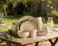 Service de table en céramique beige mat 16 pièces - Assiettes, bols, tasses pour 4 personnes