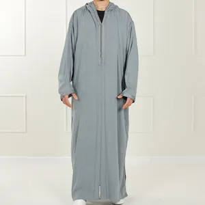 Популярный новый стиль thobe для мужчин с капюшоном на молнии льняная хлопковая одежда для мужчин мусульманский халат для мужчин 2024