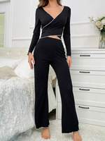 Nouveauté : Ensemble de pyjama confortable en gris, haut à col en V à manches longues et pantalon évasé, vêtements de nuit pour femmes, ensemble de vêtements de détente