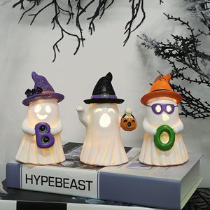 Lot de 3 figurines fantômes lumineuses LED « Boo » pour Halloween avec chapeau de sorcière et citrouille, lampe décorative de table pour Halloween, cadeaux de fêtes - Product Image 6