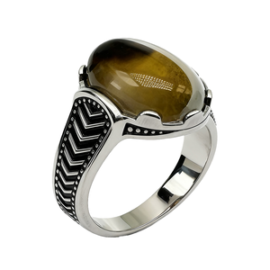 925 Silver Rhodium Plated Oval Cut Natural Agate Men's Ring Vintage <b>Retro</b> Geometric V-shaped <b>Decorative</b> Band Personalized Ring - Product Image 1
