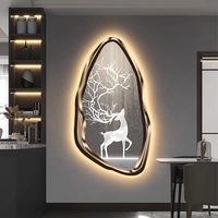 Pintura Decorativa Moderna de Lujo con Luces LED para Sala de Estar, Arte de Pared Colgante de Cristal con Diseño Creativo 3D de Alce de Alta Gama