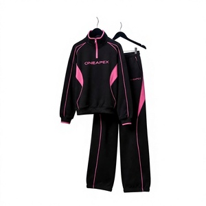 Women's Black <b>Pink</b> Quarter Zip <b>Tracksuit</b> <b>Set</b> Sportswear Pullover Sweatshirt Jogger Pants Casual Streetwear Two Piece Outfit - Product Image 1