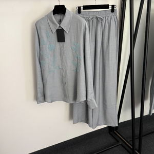 Ensemble décontracté en lin pour <span class=keywords><strong>femme</strong></span> : Chemise à manches longues ornée de perles et de fleurs + <span class=keywords><strong>Pantalon</strong></span> large à <span class=keywords><strong>taille</strong></span> élastique - Product Image 3
