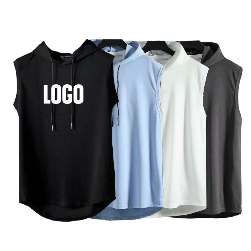 Customized Basketball Sleeveless Hoodies Men Summer Sportswear Polyester Blank Tank Tops Running Sleeveless Shirts With Hoodies