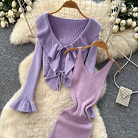 Ensemble 2 pièces pour femme, cardigan élégant en tricot à volants et à nouer devant, manches longues, et robe moulante mi-longue pour l'automne