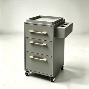 Meuble de rangement mobile pour salon, chariot à outils de coiffure à 3 tiroirs, plateau supérieur résistant à la chaleur, support pour sèche-cheveux, 4 roues, en bois, pour la beauté - Product Image 2