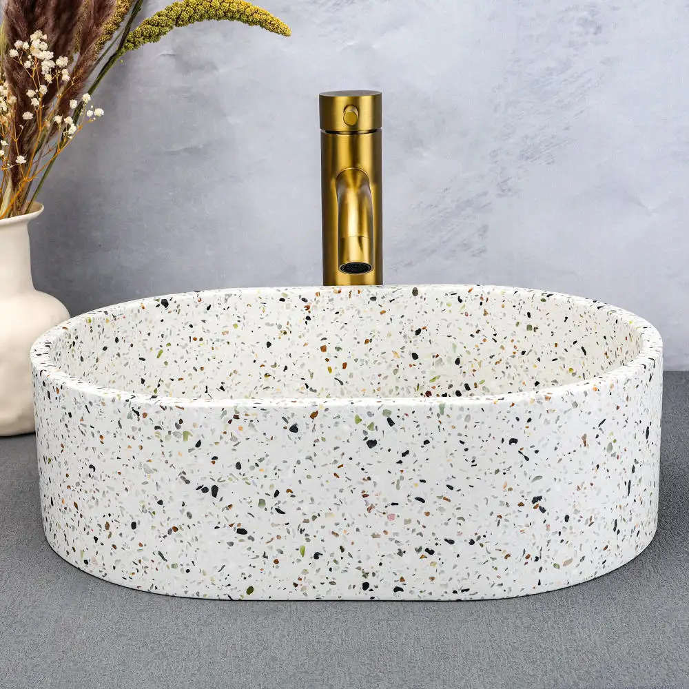 Vanity kamar mandi Modern dengan batu warna Terrazzo dengan tangan mangkuk Basin beton konter atas Bak Cuci batu kamar mandi