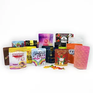 Printed Foil Laminated Plastic Resealable Ziplock Bag Exit Edibles Packaging Smell Proof Candy Gummies Mylar Bag Flat Bottom Bag
