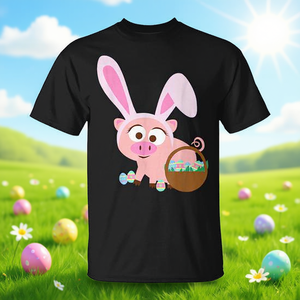 T-shirt unisexe à manches courtes et col rond avec impression numérique Happy Pig Bunny Ears Easter Eggs pour enfants - Product Image 3
