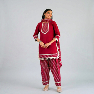 Twin Feet Women's Premium Lehriya Farsi Design Pure Cotton Kurti & Pant with Dupatta Suit Set Lace work & Embroidery - Product Image 1