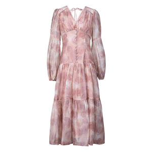 Abito Vintage Autunnale <span class=keywords><strong>Rosa</strong></span> Fumo con Stampa, Elegante <span class=keywords><strong>Vestito</strong></span> Francese da Donna con Maniche a Lanterna, Scollo a V, Vita Alta, Antistatico, in Pizzo - Product Image 5