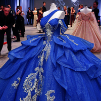 Robe de bal Quinceanera à sequins bleu chaud, longueur au sol, appliques dorées, mexicaines, sweet 16 robes de soirée 15 Anos, plus size en dentelle