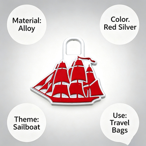 Tirette de fermeture éclair en forme de voilier rouge en alliage argenté pour sacs, sacs à dos, équipements de voyage et accessoires de mode - Product Image 4